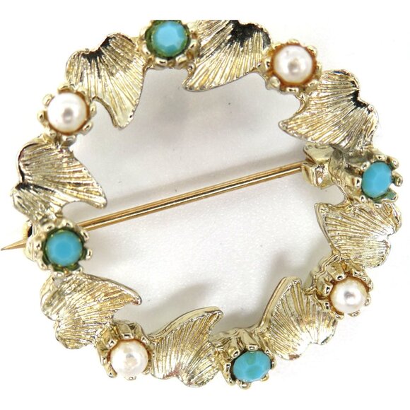 Vintage Leaf Brooch 1" Round Gold Tone Imitation Pearls Turquoise Accents - Picture 4 of 13